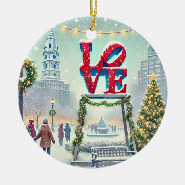 Philly's LOVE Park at Christmas Holiday Ceramic Ornament (Front)