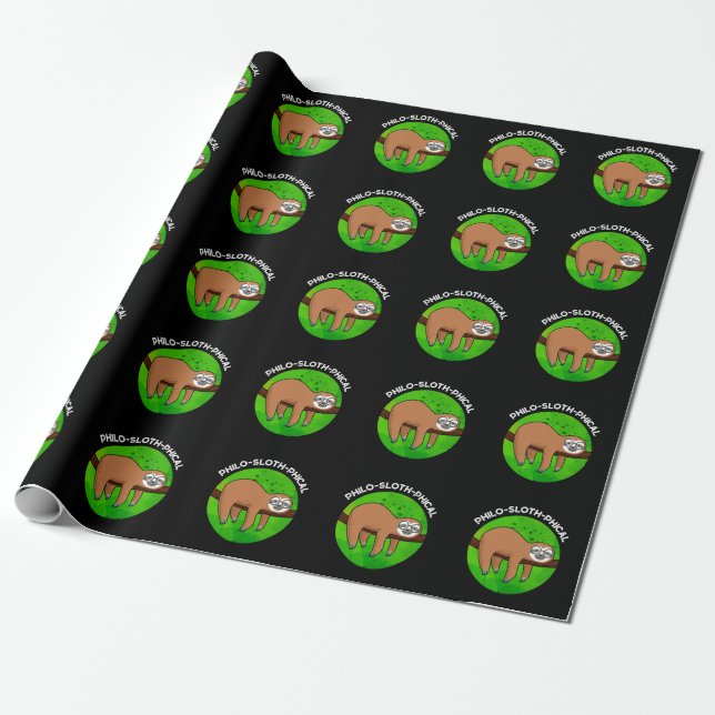 Philo-sloth-phical Funny Animal Sloth Pun Dark BG Wrapping Paper (Unrolled)
