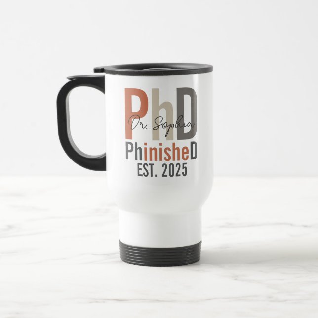 PhinisheD Personalised PhD Graduation Gift Travel Mug (Left)