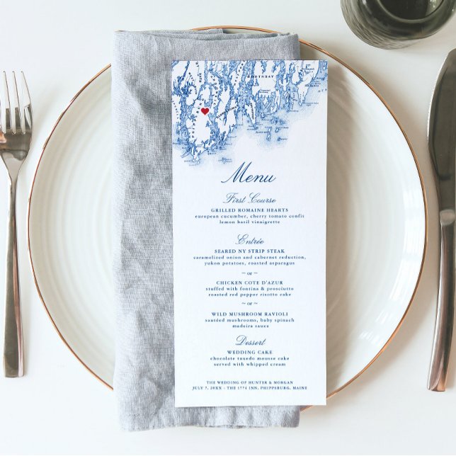 Phippsburg Maine Destination Wedding Elegant Navy Menu (This Phippsburg Maine map menu is perfect for your 1774 Inn destination wedding)