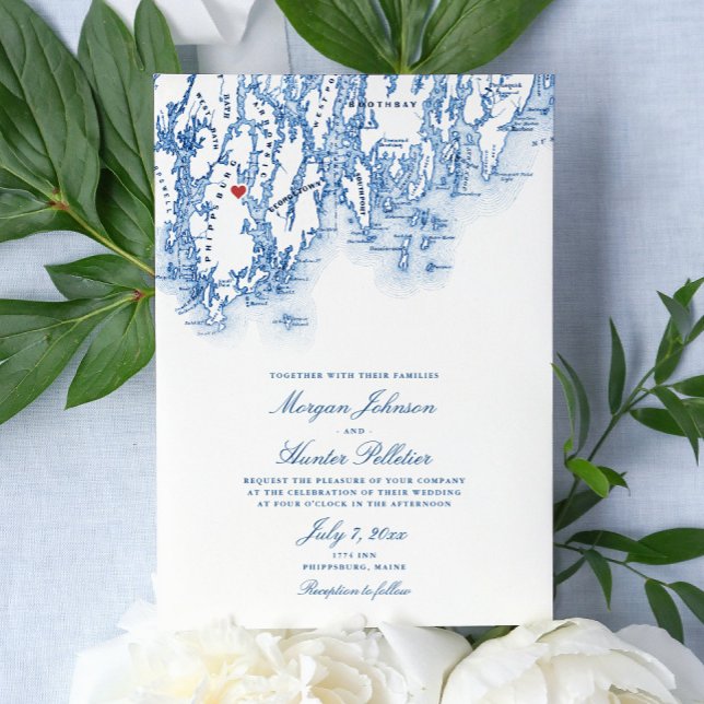 Phippsburg Maine Elegant Navy Map Wedding Invitation (Elegant nautical destination wedding invitation for your wedding at the 1774 Inn in Phippsburg Maine)