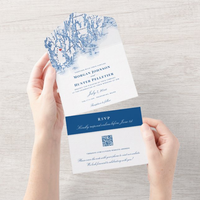 Phippsburg Maine Elegant Navy QR Wedding All In One Invitation (Tearaway)