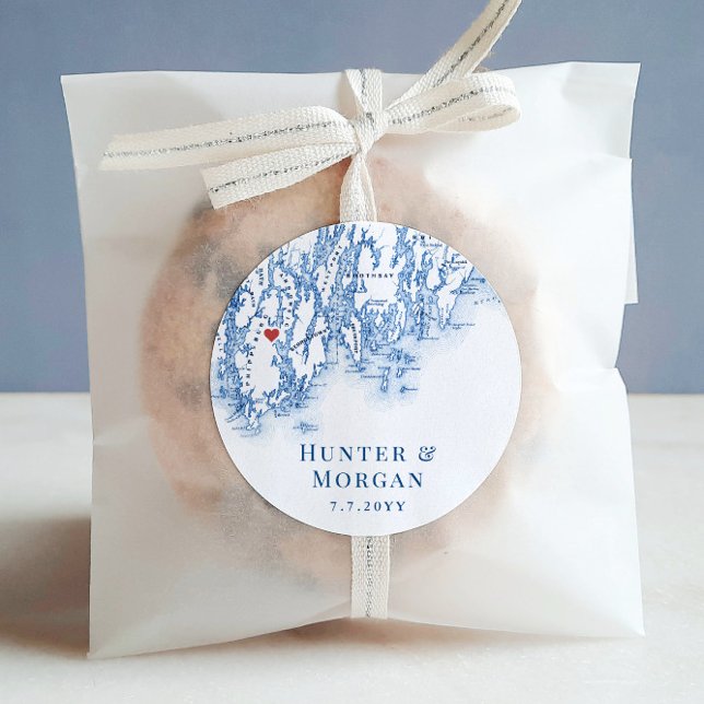 Phippsburg Maine Map Wedding Favour Classic Round Sticker (Phippsburg Maine Map wedding favor labels for your destination wedding at 1774 Inn)