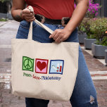 Phlebotomist Peace Love Phlebotomy Office Large Tote Bag<br><div class="desc">A cool Phlebotomist Christmas gift for an expert at blood draws and needles. A peace sign,  heart,  and vials of blood. Peace Love Phlebotomy.</div>