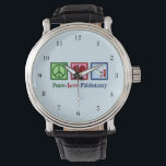 Phlebotomist Peace Love Phlebotomy Office Watch<br><div class="desc">A cool Phlebotomist wristwatch Christmas gift for an expert at blood draws and needles. A peace sign,  heart,  and vials of blood. Peace Love Phlebotomy watch.</div>