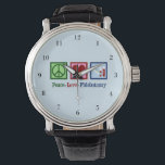 Phlebotomist Peace Love Phlebotomy Office Watch<br><div class="desc">A cool Phlebotomist wristwatch Christmas gift for an expert at blood draws and needles. A peace sign,  heart,  and vials of blood. Peace Love Phlebotomy watch.</div>