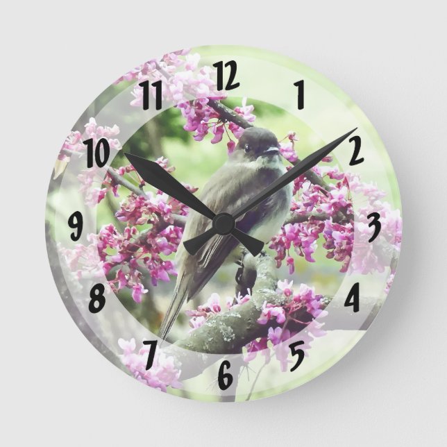 Phoebe in a Redbud Tree Round Clock (Front)