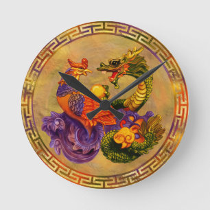 Phoenix and Dragon - color and gold Round Clock