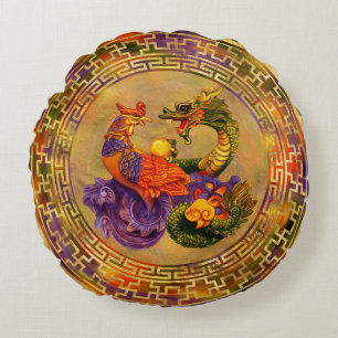 Phoenix and Dragon - color and gold Round Cushion