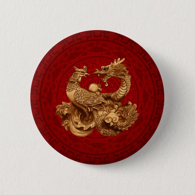 Phoenix and Dragon - on red 6 Cm Round Badge (Front)