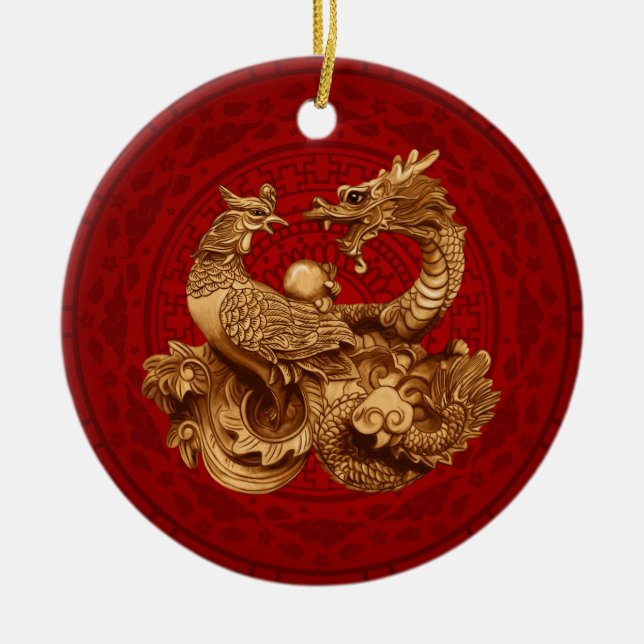 Phoenix and Dragon - on red Ceramic Ornament (Front)