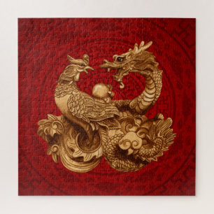 Phoenix and Dragon - on red Jigsaw Puzzle