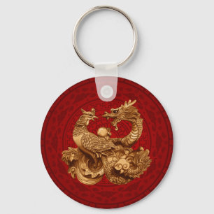 Phoenix and Dragon - on red Key Ring