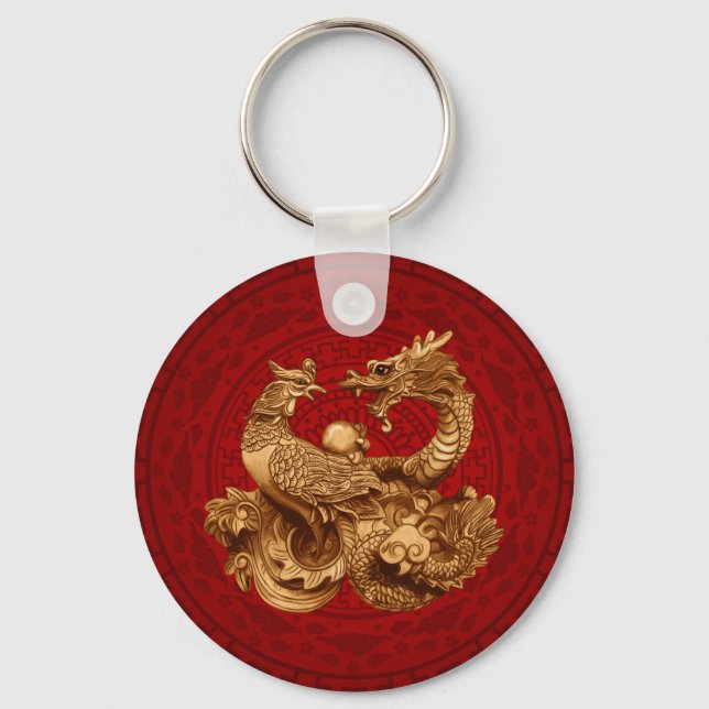 Phoenix and Dragon - on red Key Ring (Front)