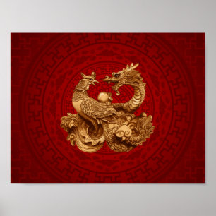 Phoenix and Dragon - on red Poster