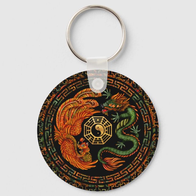 Phoenix and Dragon with bagua #2 Key Ring (Front)