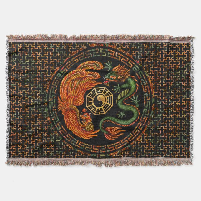 Phoenix and Dragon with bagua #2 Throw Blanket (Front)
