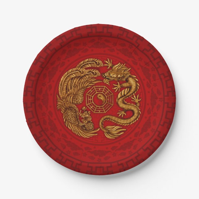 Phoenix and Dragon with bagua #4 Paper Plate (Front)