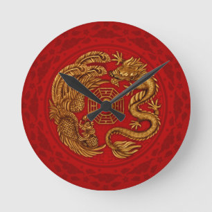 Phoenix and Dragon with bagua #4 Round Clock