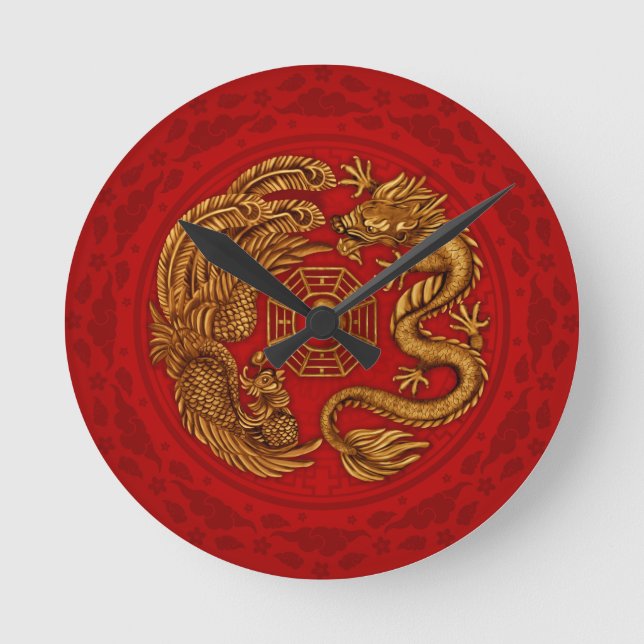 Phoenix and Dragon with bagua #4 Round Clock (Front)