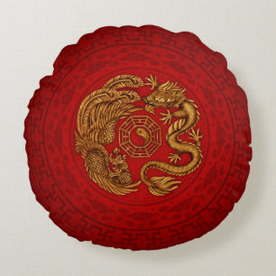 Phoenix and Dragon with bagua #4 Round Cushion