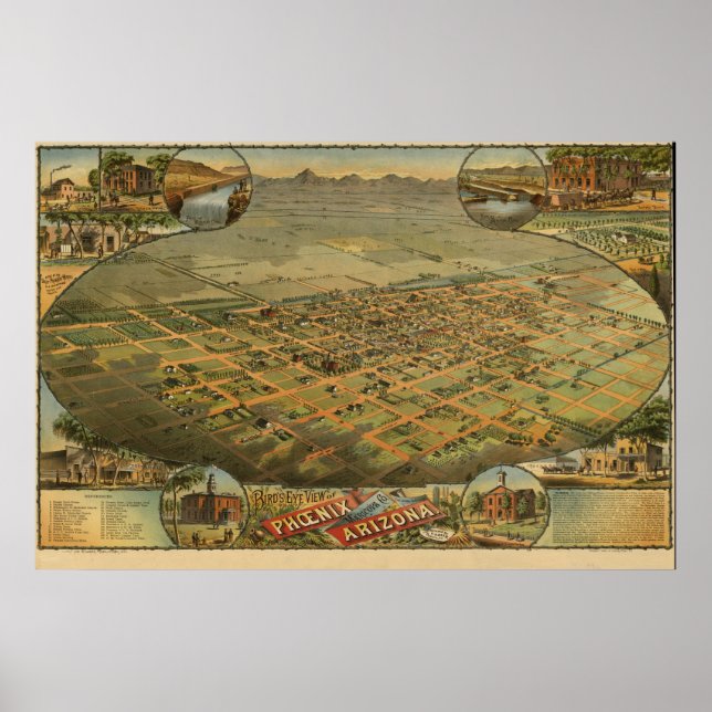 Phoenix Arizona 1885 Antique Panoramic Map Poster (Front)