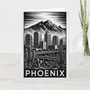 Phoenix Arizona Skyline Black White Woodcut Card