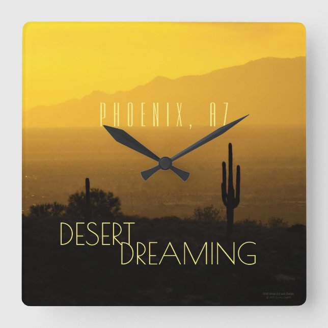 Phoenix Arizona Sunset Cactus Desert Dreaming Square Wall Clock (Front)