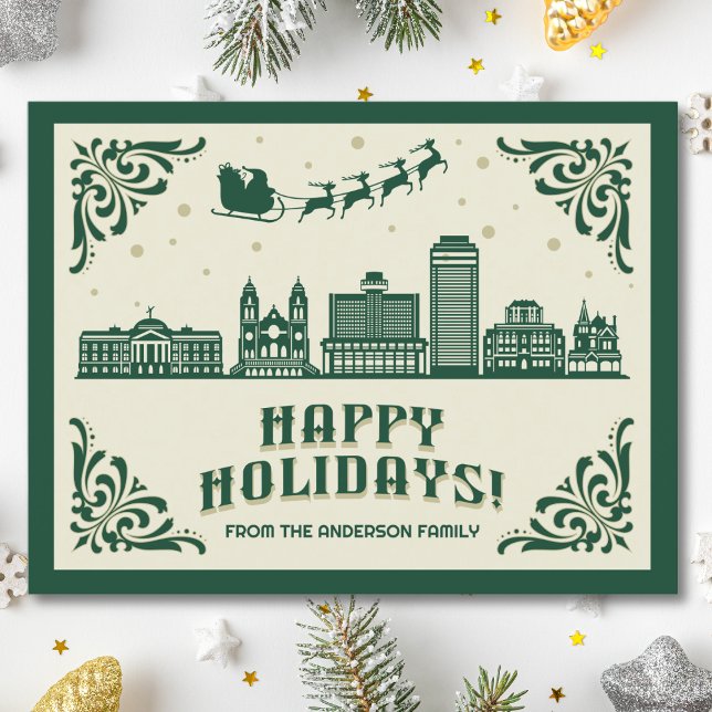 Phoenix, AZ Skyline Happy Holidays Postcard (Happy Holidays Phoenix, AZ skyline cityscape christmas postcard customizable real estate Santa )