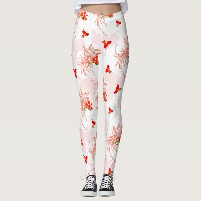 Phoenix Bird And Phoenix Flower Seamless Pattern Leggings (Front)