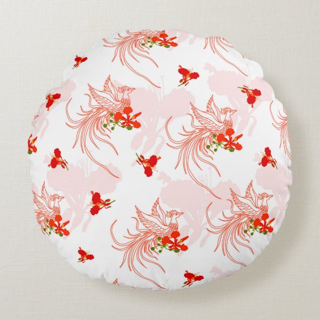 Phoenix Bird And Phoenix Flower Seamless Pattern Round Cushion (Front)