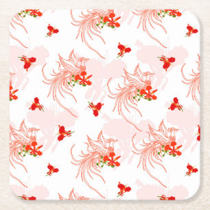 Phoenix Bird And Phoenix Flower Seamless Pattern Square Paper Coaster