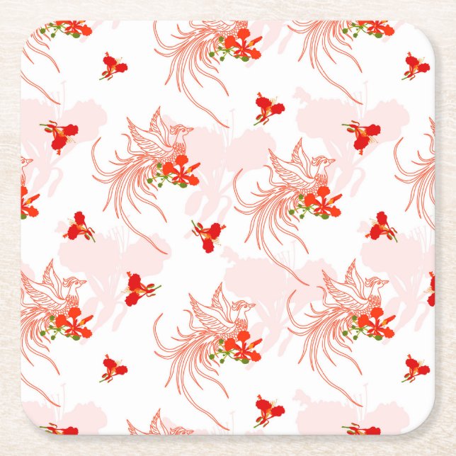 Phoenix Bird And Phoenix Flower Seamless Pattern Square Paper Coaster (Front)