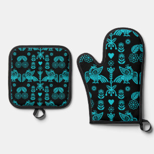 Phoenix Bird Folk Art Print Oven Mitt & Pot Holder Set