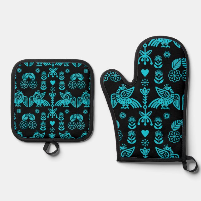 Phoenix Bird Folk Art Print Oven Mitt & Pot Holder Set (Front)
