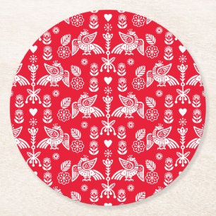 Phoenix Bird Folk Art Print Round Paper Coaster