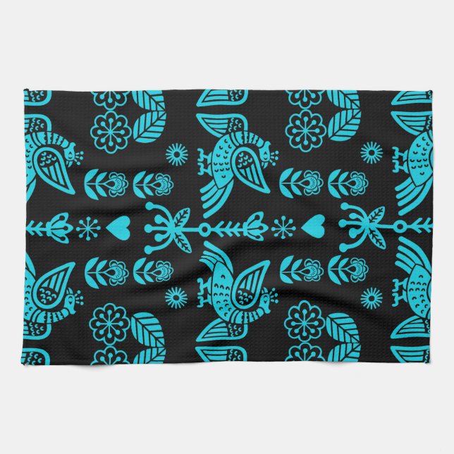 Phoenix Bird Folk Art Print Tea Towel (Horizontal)