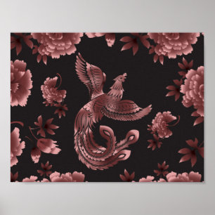 Phoenix Bird with peony flowers Poster