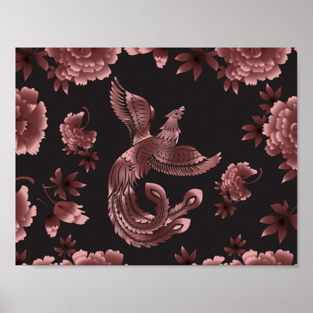 Phoenix Bird with peony flowers Poster (Front)