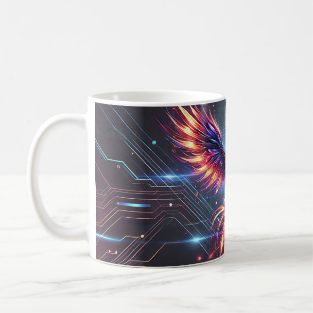 Phoenix Ceramic Mug – Vibrant Futuristic (Left)