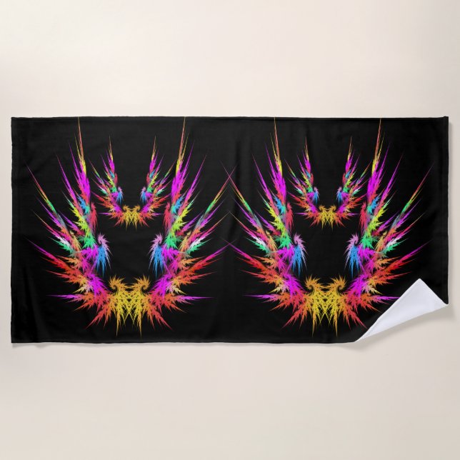 Phoenix - colourful fractal art on black beach towel (Front)