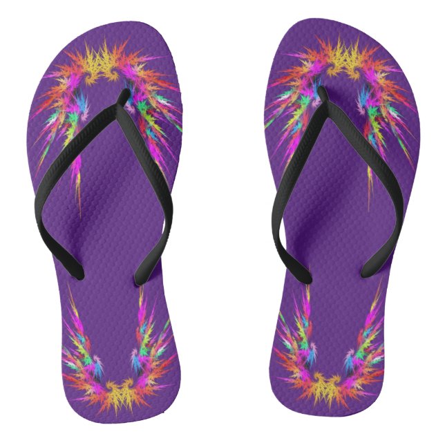 Phoenix - colourful fractal art on black thongs (Footbed)