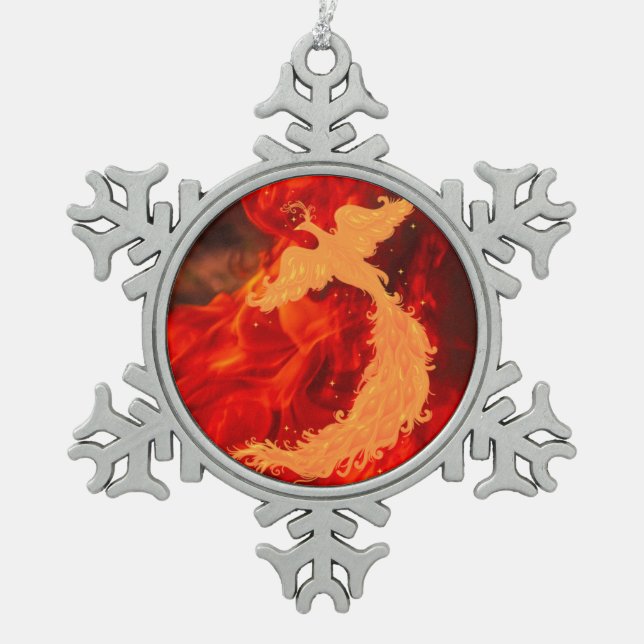 Phoenix & Fire Snowflake Pewter Christmas Ornament (Front)