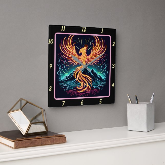 Phoenix Flames Over Moonlit Canyon Square Wall Clock (Office)