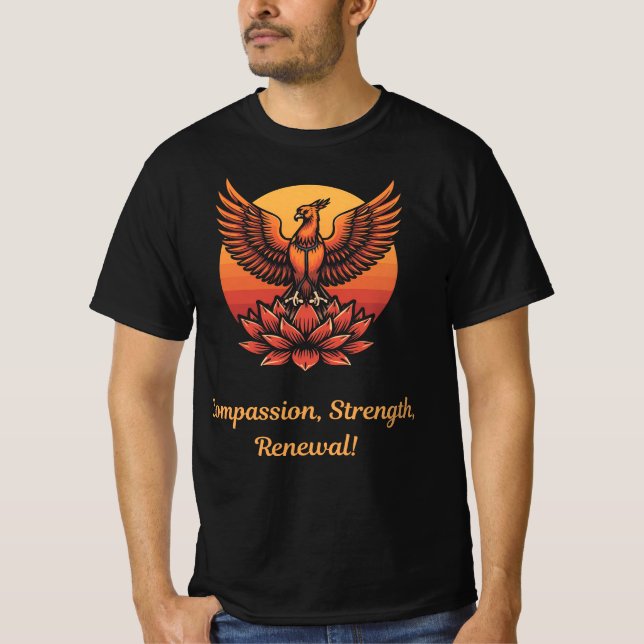 Phoenix Lotus Sunset – Compassion, Strength, Renew T-Shirt (Front)