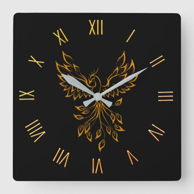 Phoenix Rises on Black Square Wall Clock (Front)