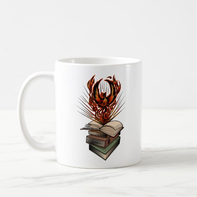 Phoenix Rising From Books Flames Fantasy  Coffee Mug (Left)