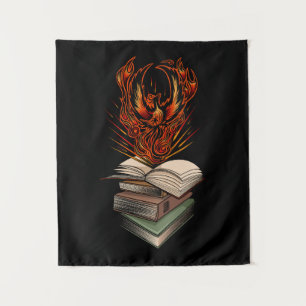 Phoenix Rising From Books Flames Fantasy Magical Tapestry