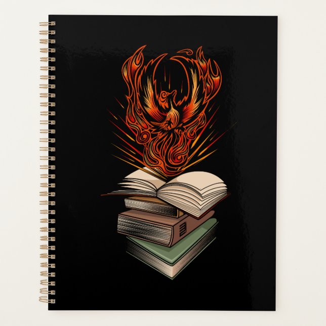 Phoenix Rising From Books Inspirational Fire  Planner (Front)