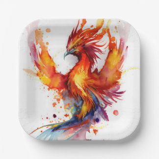 Phoenix Rising from the Flames Fantasy Watercolor Paper Plate
